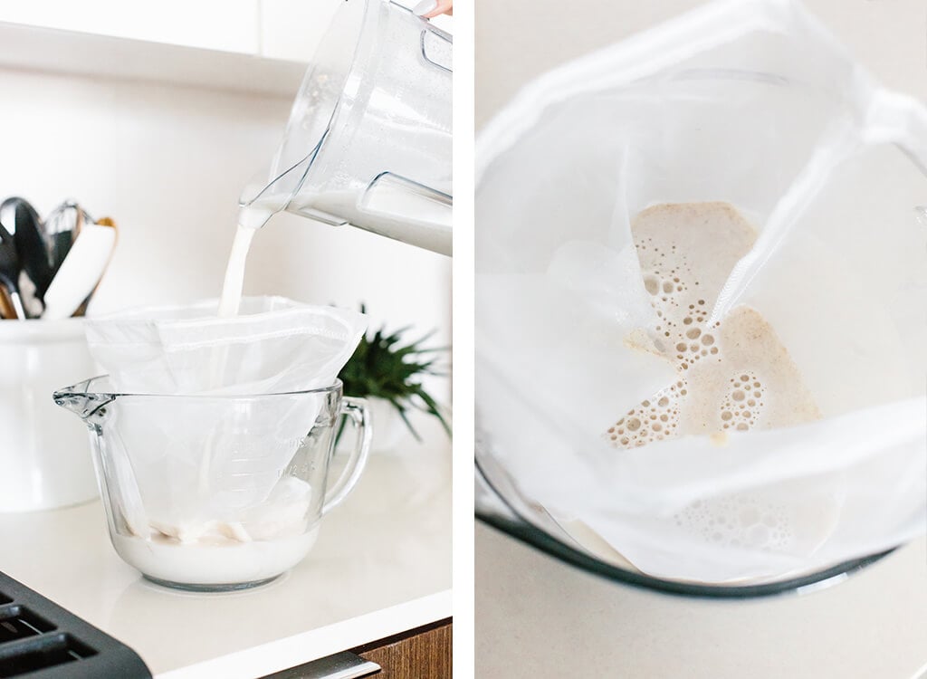 Making oat milk and straining it.