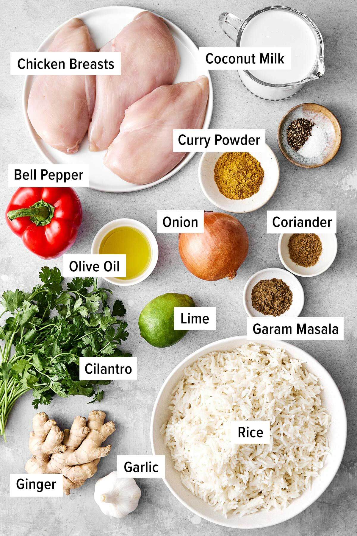 Ingredients for coconut curry chicken.