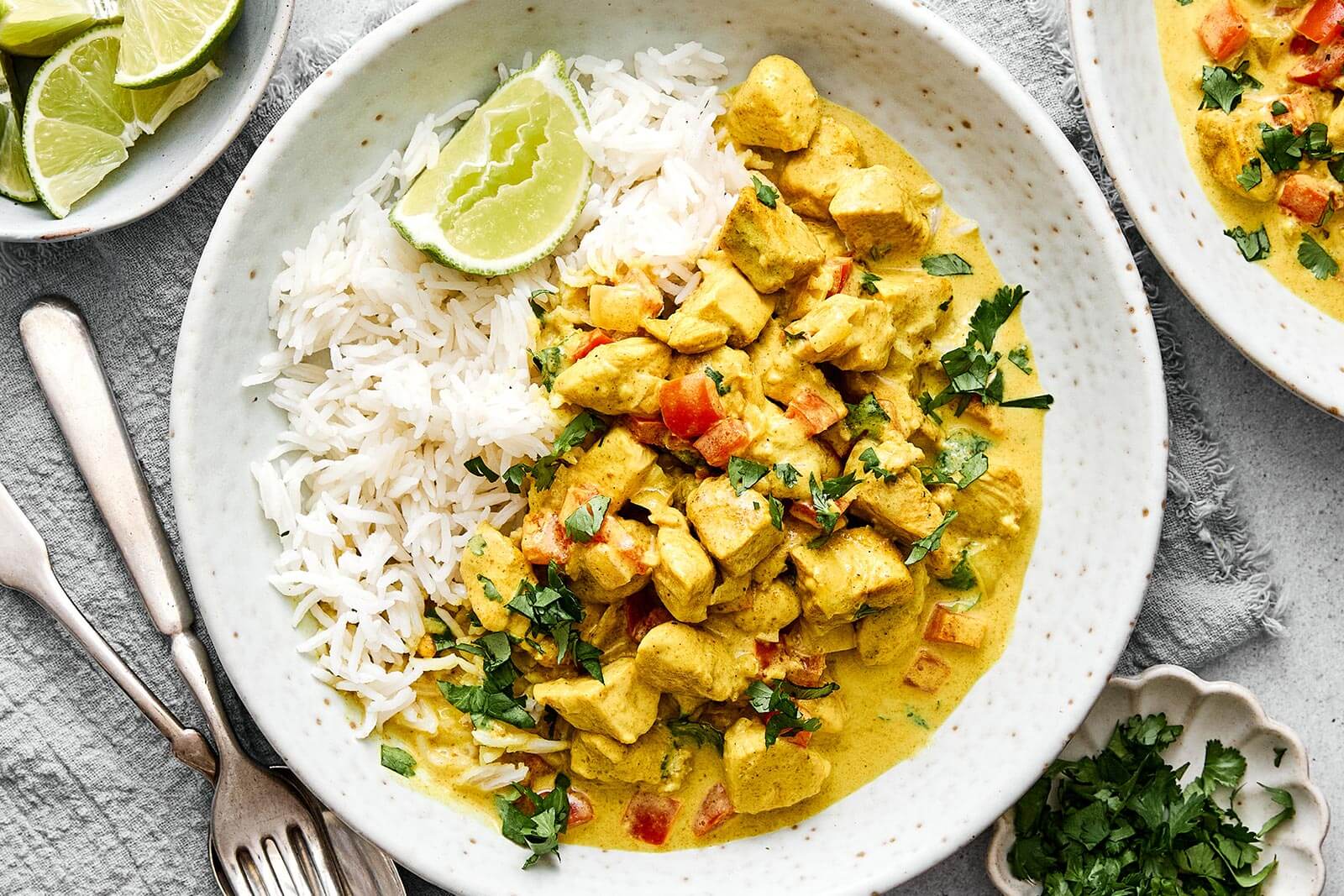 A plate of rice and coconut curry chicken.