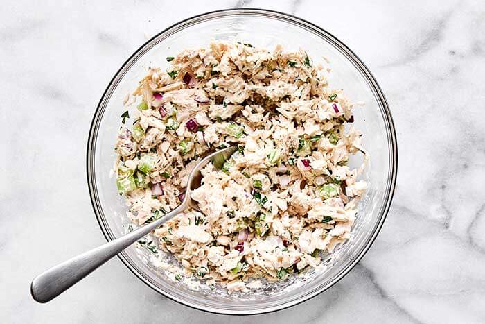 Mixed tuna salad in a bowl.