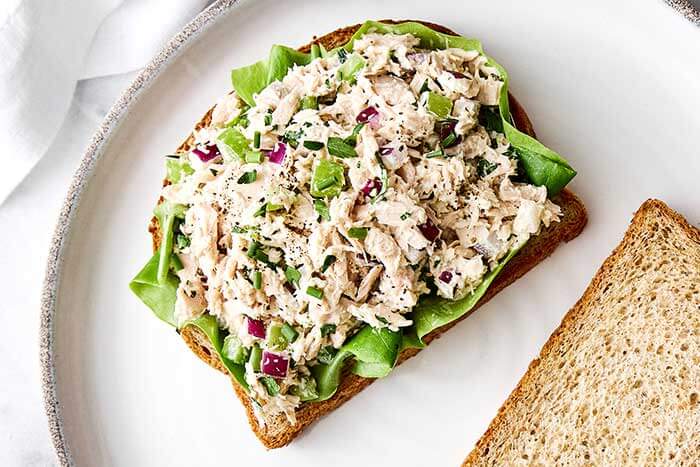 Tuna salad on sandwich bread.