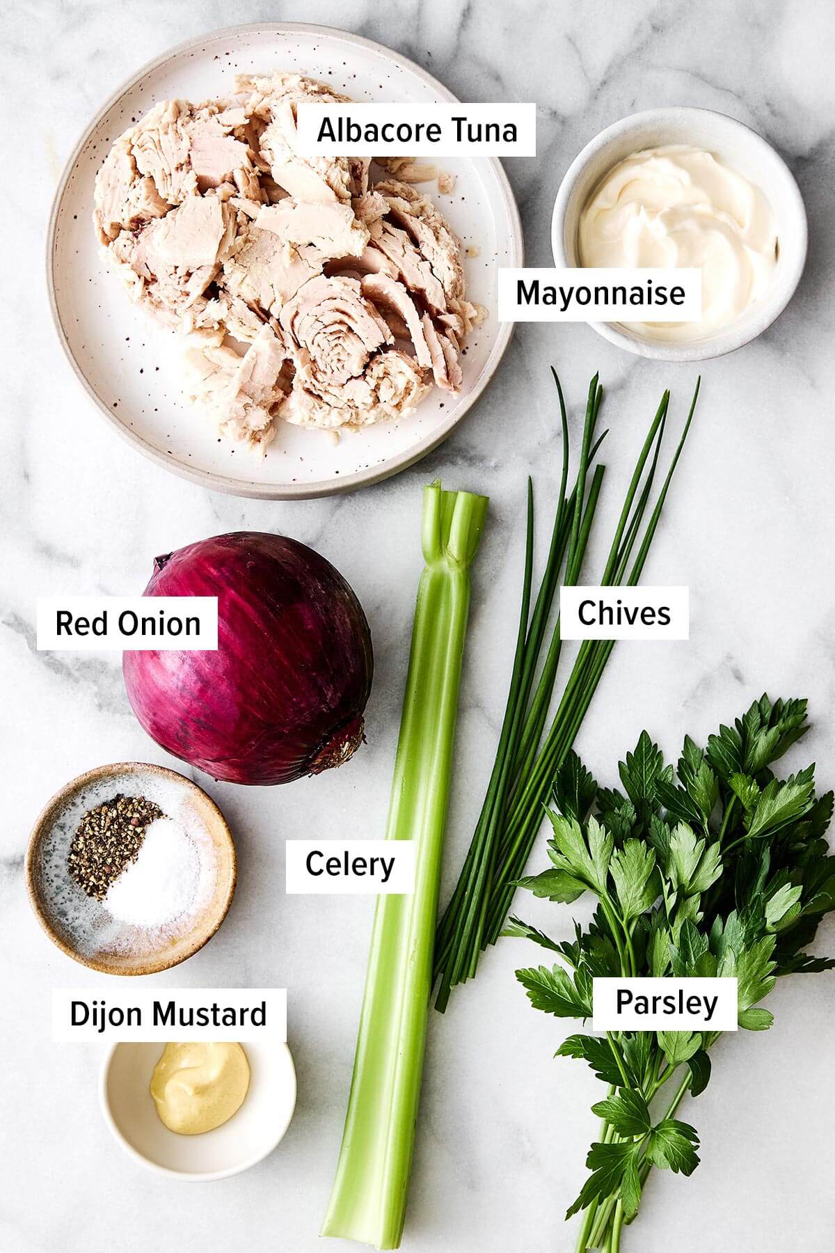 Tuna salad ingredients.