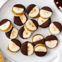 A plate of chocolate almond butter banana bites.