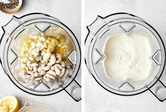 Blending vegan alfredo sauce in a Vitamix.