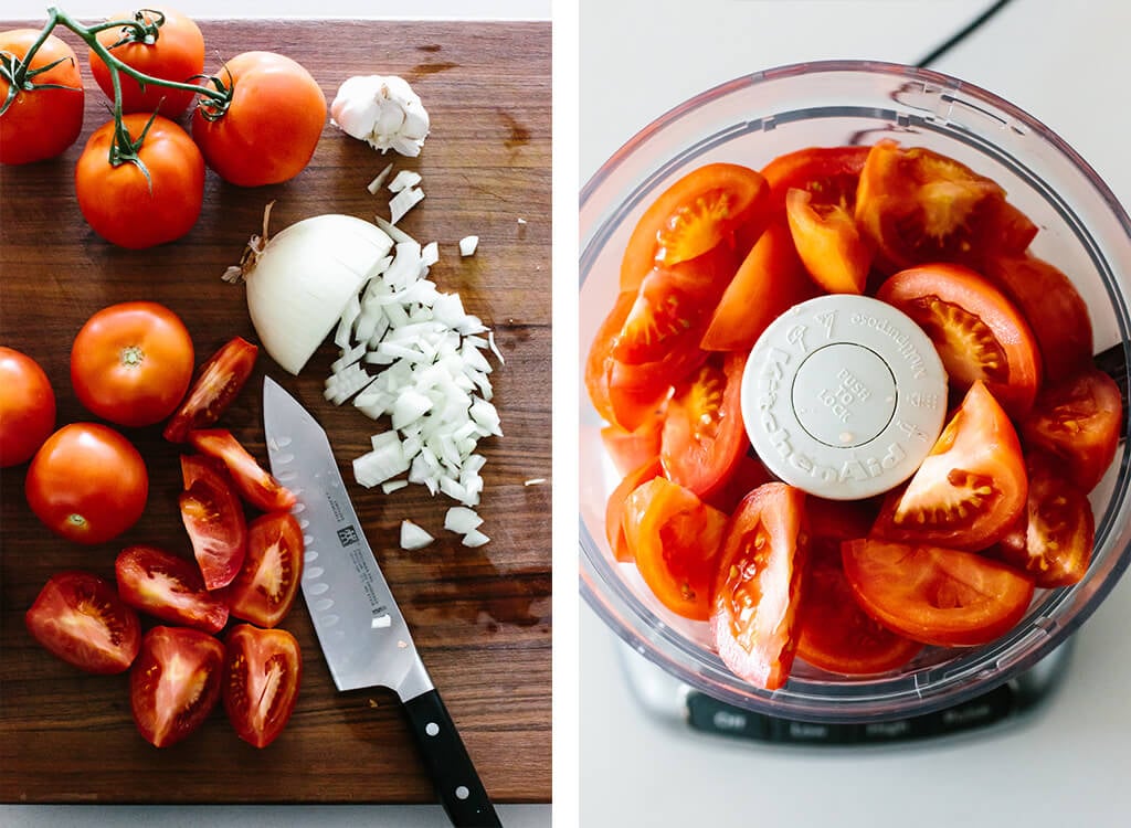 Slicing tomatoes and pureeing in a food processor.