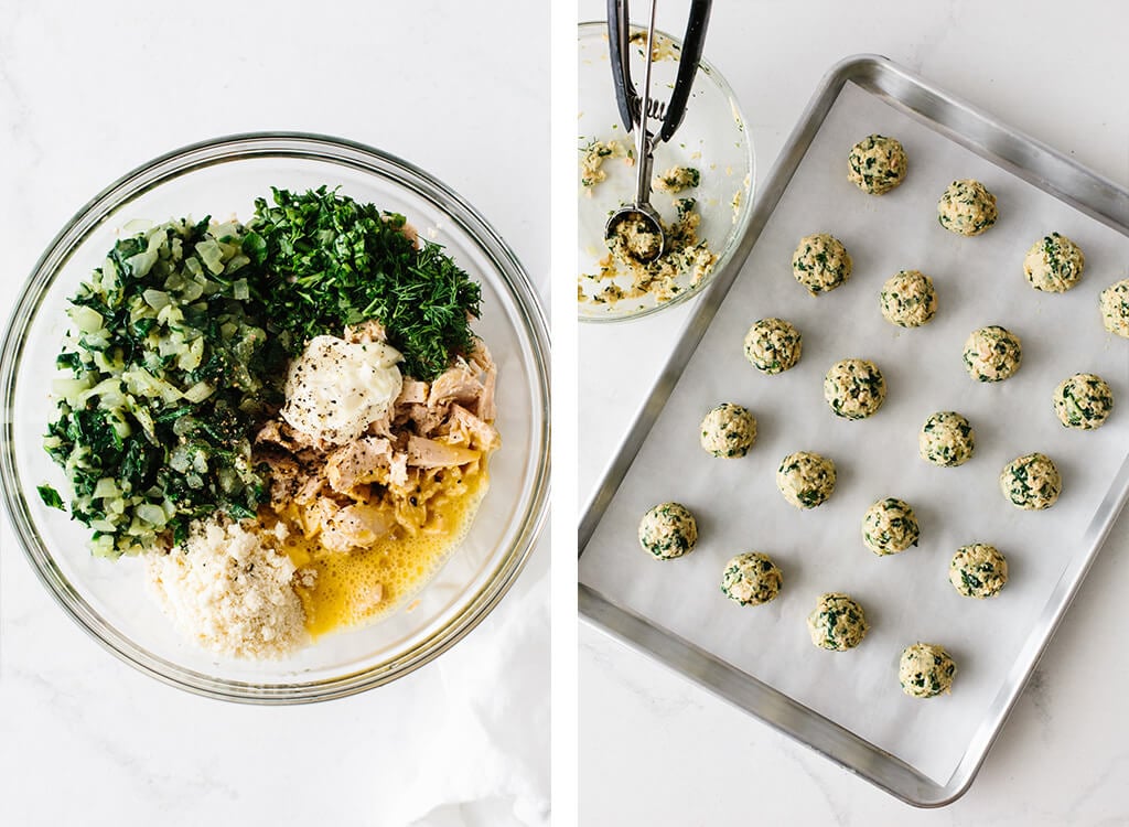 Tuna meatballs ingredients in a bowl and in balls on a baking sheet.