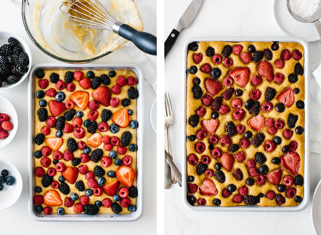 Making the berry sheet cake in a jelly roll pan. And a photo of it cooked out of the oven.