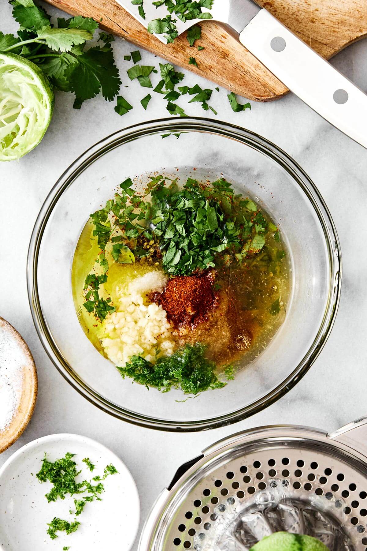 Cilantro lime marinade in a bowl for chicken.