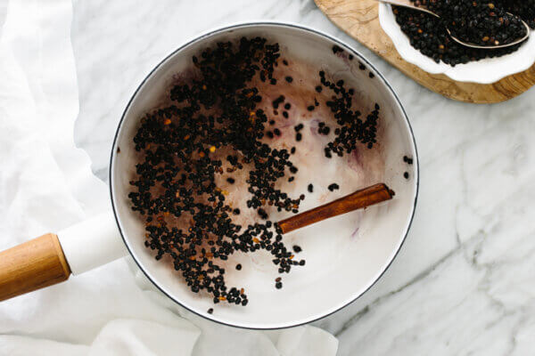 Dried elderberries, water and a cinnamon stick in a pot.