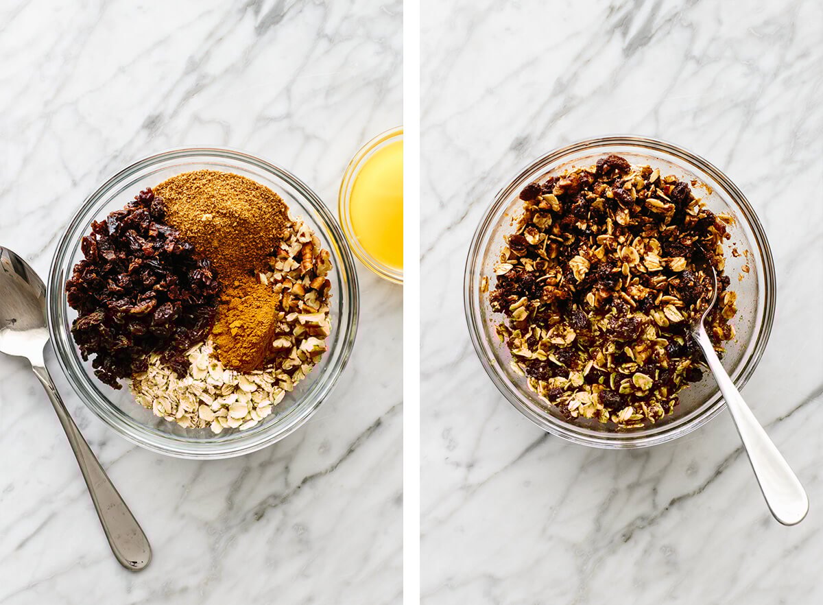 The filling ingredients for baked apples in a mixing bowl.