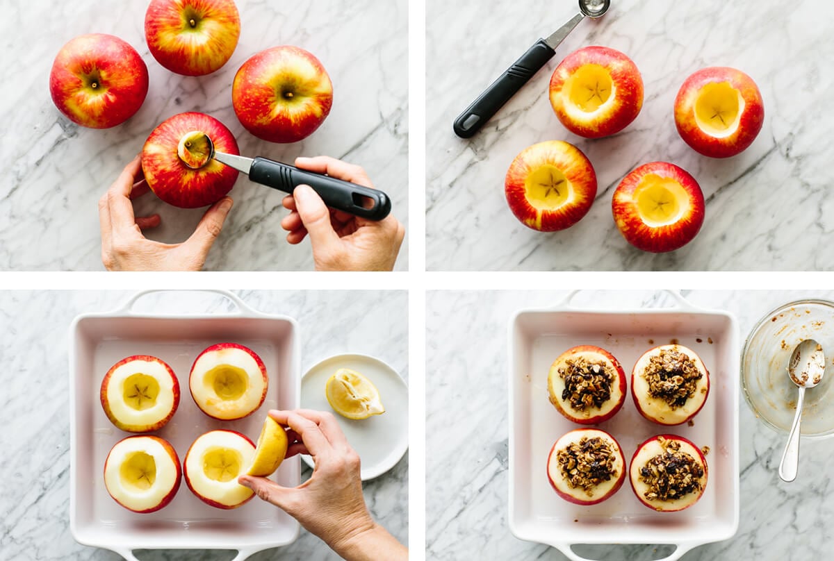 Photos showing the process of how to make baked apples.