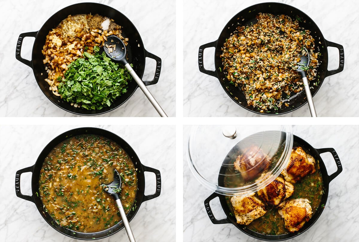 Chicken and rice is an easy, one pan recipe that shines with bright Mediterranean flavors and juicy chicken thighs! Showing how to make chicken and rice with four steps in a pan.