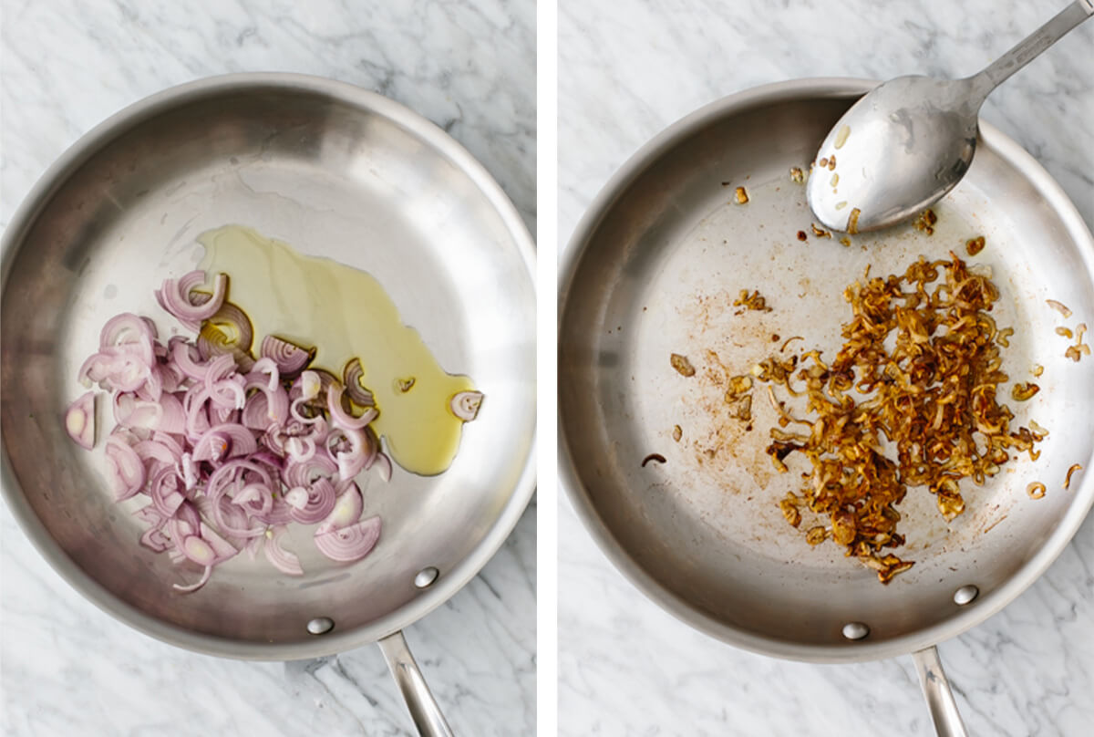 Sauteing crispy shallots in a pan.