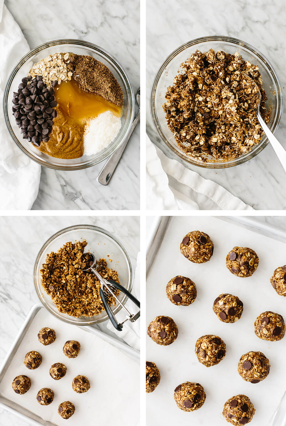 Mixing ingredients and making no bake chocolate chip energy balls.