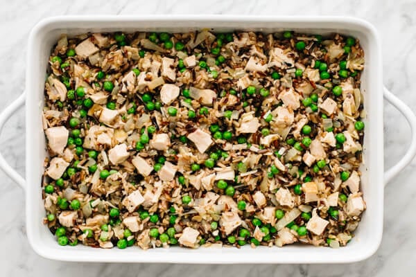 Turkey casserole in a white baking dish.