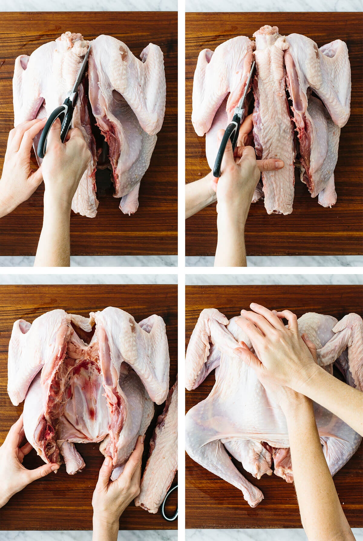 This maple orange spatchcock turkey is here to steal the Thanksgiving spotlight! It's juicy, sweet, citrusy, and perfectly crispy. Cutting bone and flattening a spatchcock turkey.