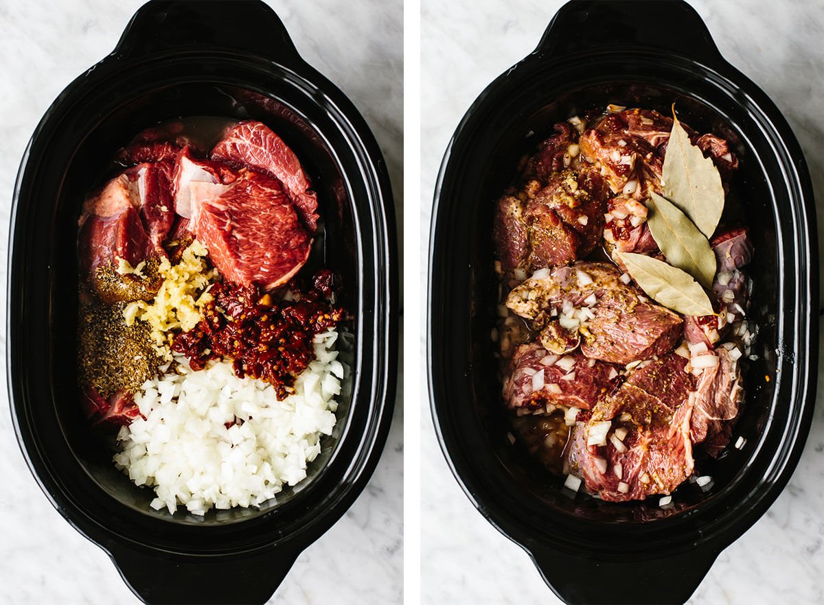 Prepping ingredients in the slow cooker for beef barbacoa.