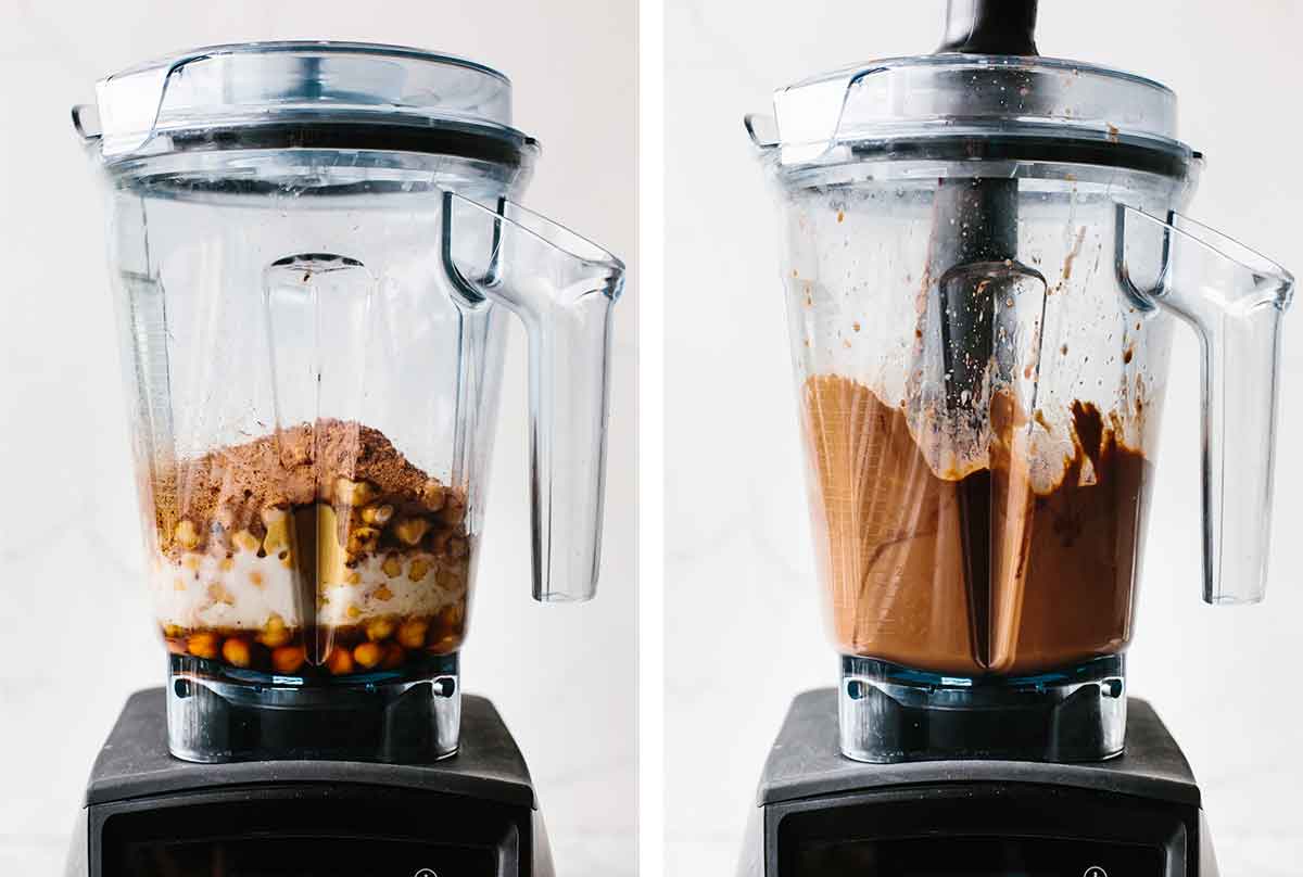 Blending chocolate hummus in a Vitamix.