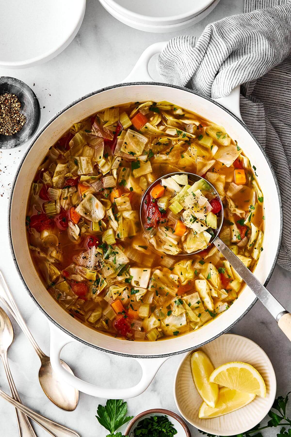 This cabbage soup is just what you need for soup season. It's light and simple, but extremely healthy, comforting, and delicious! A pot of cabbage soup.