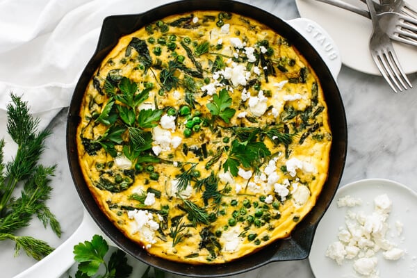 A skillet of a vegetable spring frittata