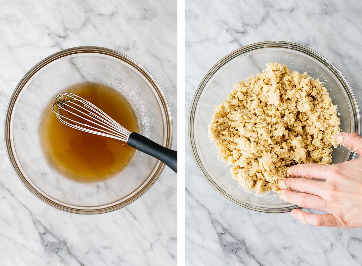Making lemon bars crust in a bowl.