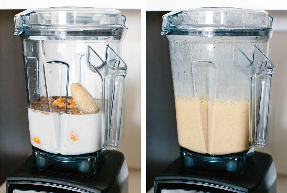 A blender blending a mandarin breakfast smoothie