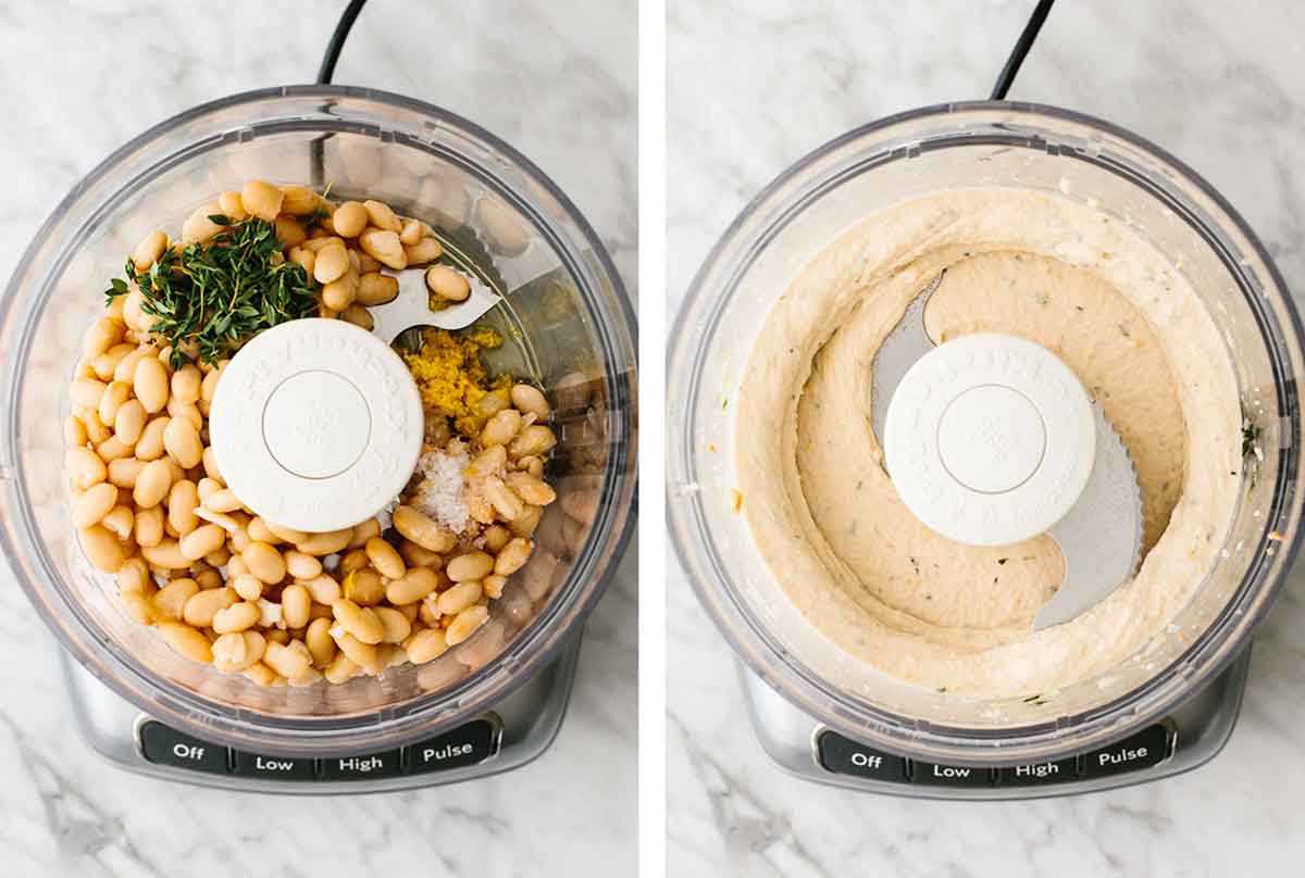 A food processor blending a white bean dip.
