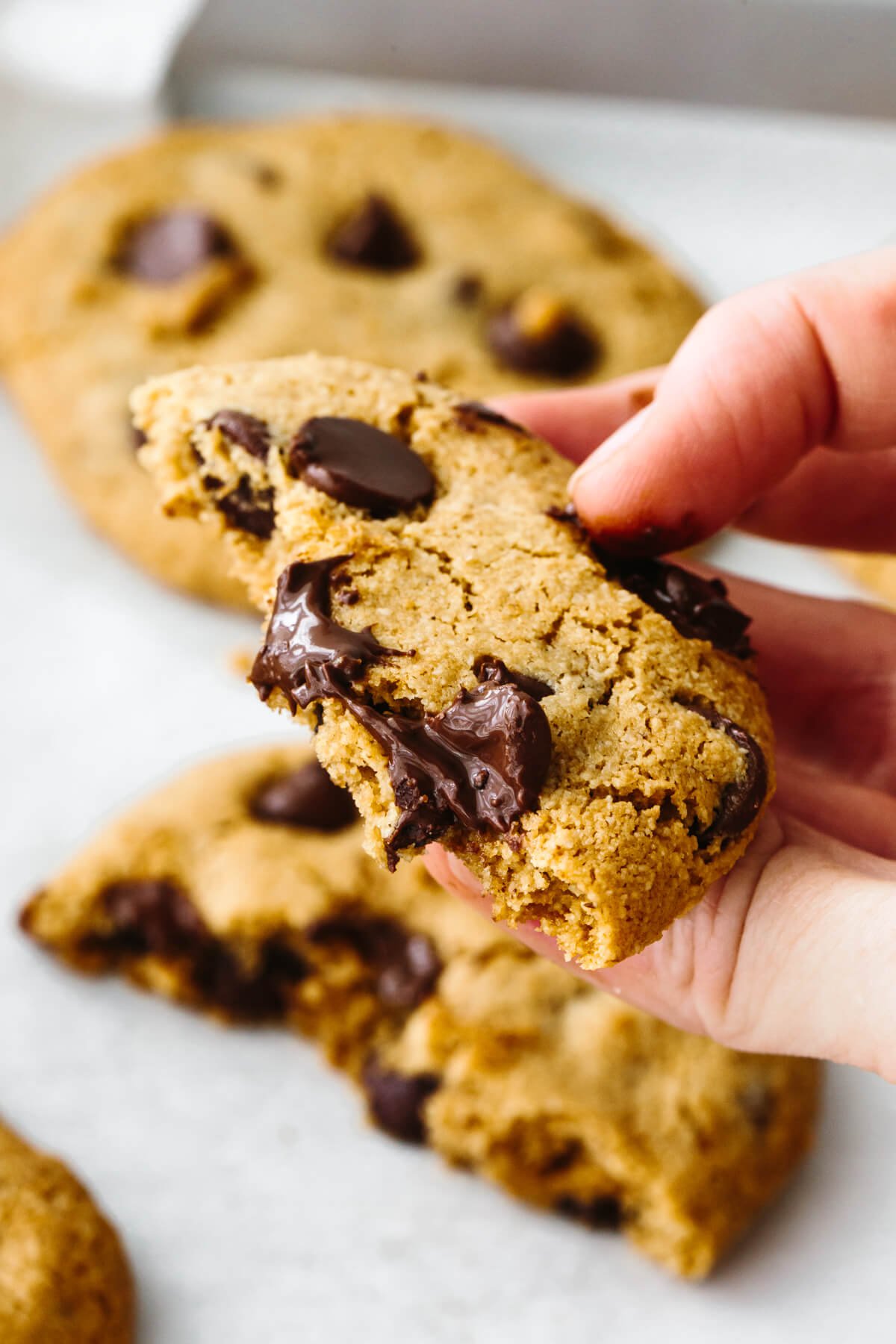 Holding a bitten gluten-free chocolate chip cookie
