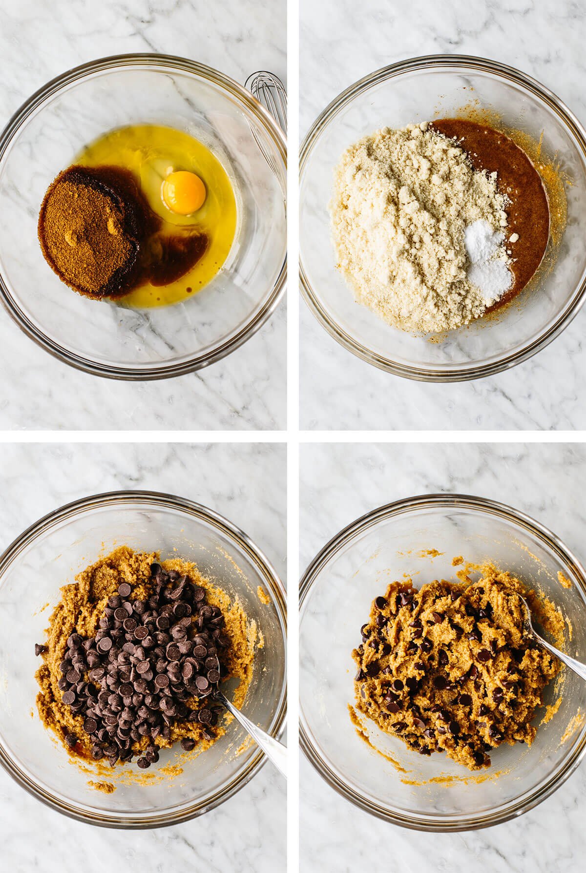 Mixing gluten-free chocolate chip cookie ingredients in a bowl.