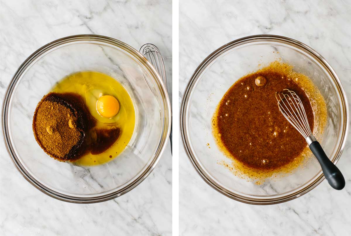 Whisking ingredients for gluten-free chocolate chip cookies in a bowl
