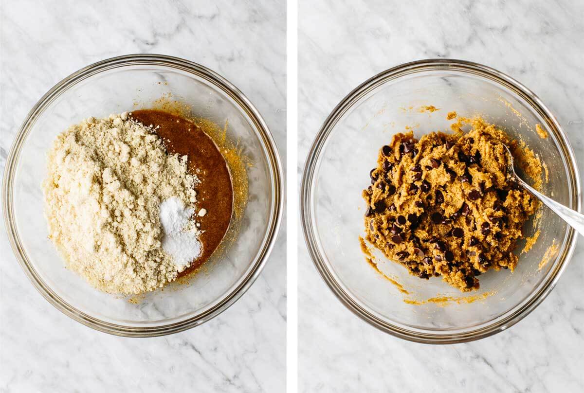 Stirring gluten-free chocolate chip cookie ingredients in a bowl.