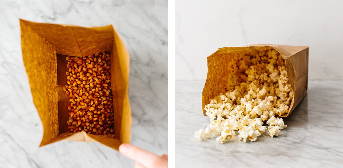 Microwave popcorn in a paper bag.