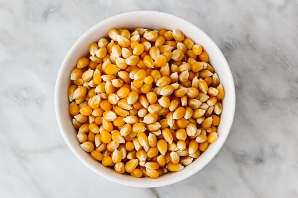 Bowl of popcorn kernels.