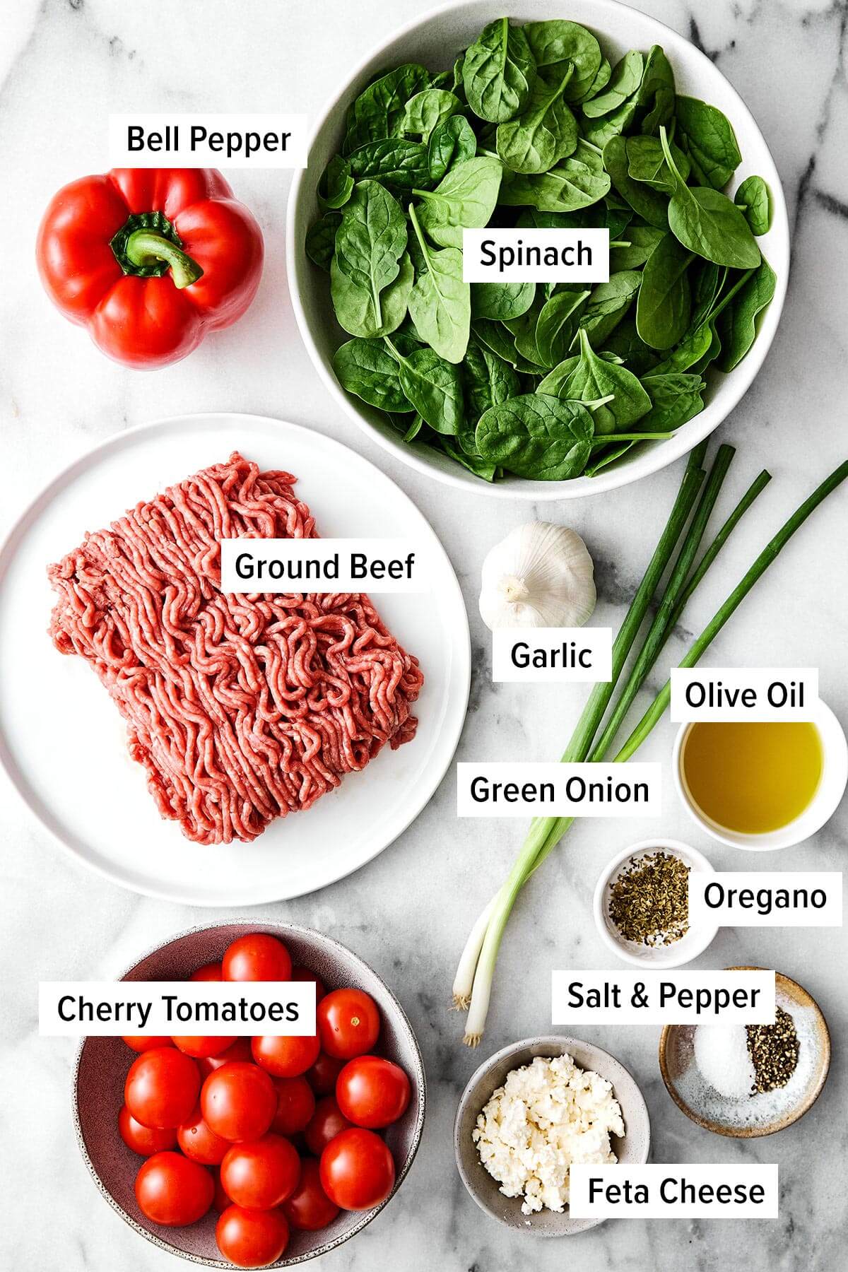 This Mediterranean ground beef stir-fry will be your new go-to dinner. It's easy, healthy, packed with protein, and delicious! Ingredients for Mediteranean ground beef stir fry.