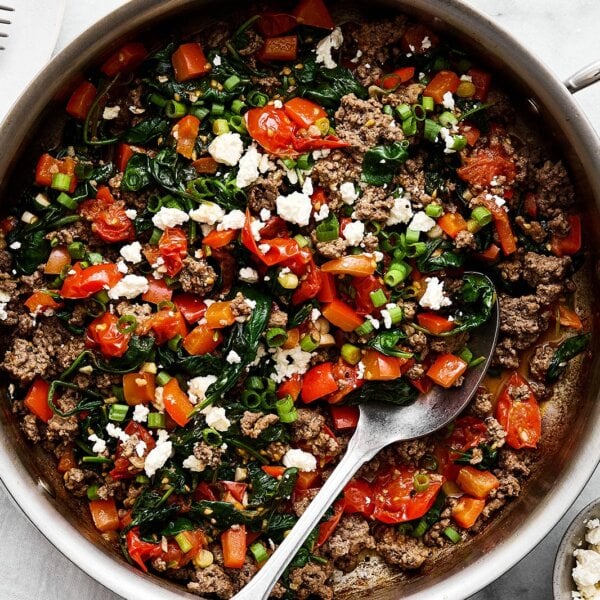 A pan with Mediterranean ground beef stir fry.