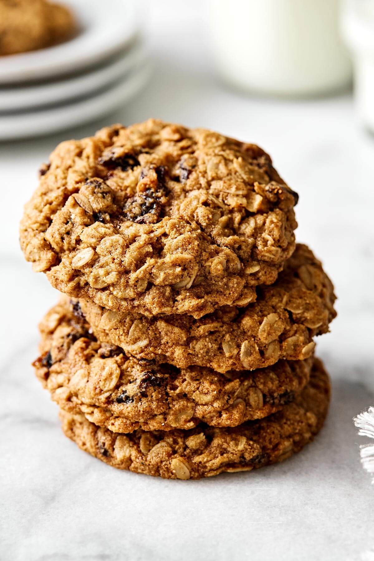 These are everything you want in a healthy oatmeal cookie! They're soft and chewy, perfectly spiced, and dotted with raisins. Oatmeal raisin cookies.