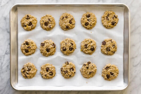 A baking sheet of banana oatmeal cookies
