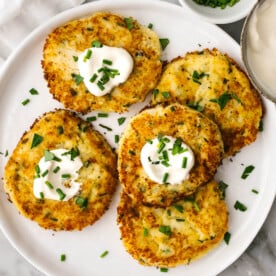 A plate of mashed potato pancakes.