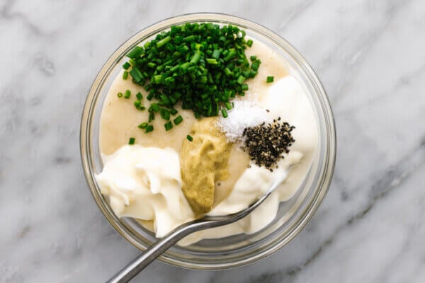 Ingredients for horseradish sauce on a table.