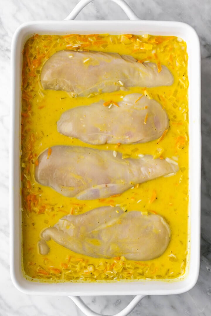 Turmeric chicken and rice casserole before baking.