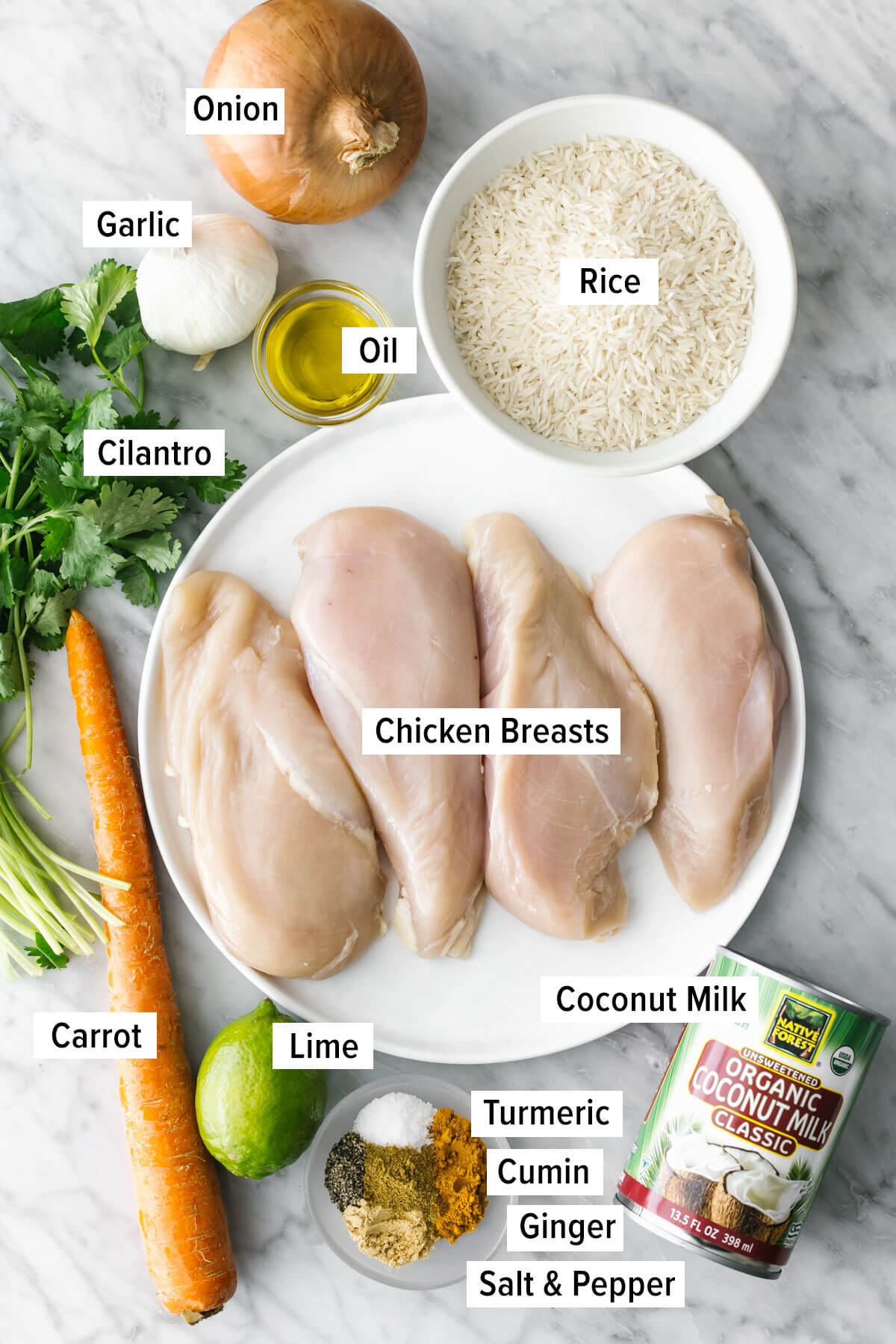 Turmeric chicken and rice casserole ingredients Ingredients for a turmeric chicken and rice casserole on a table.