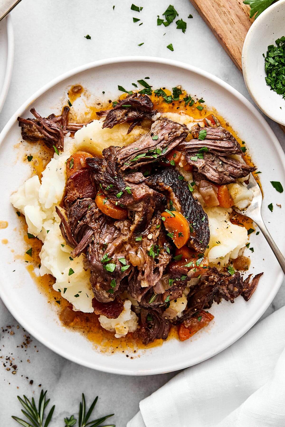 Braised short ribs over mashed potatoes.