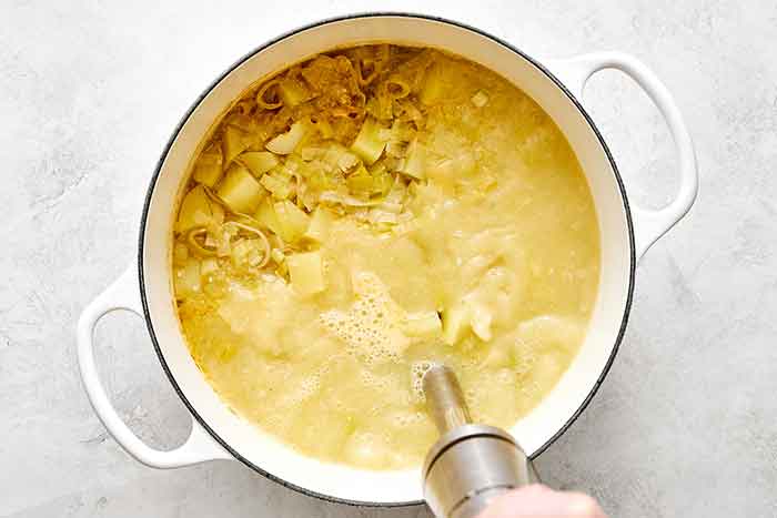 Blending potato leek soup.