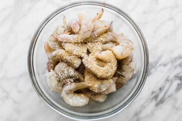 Seasoned shrimp in a bowl for shrimp fried rice