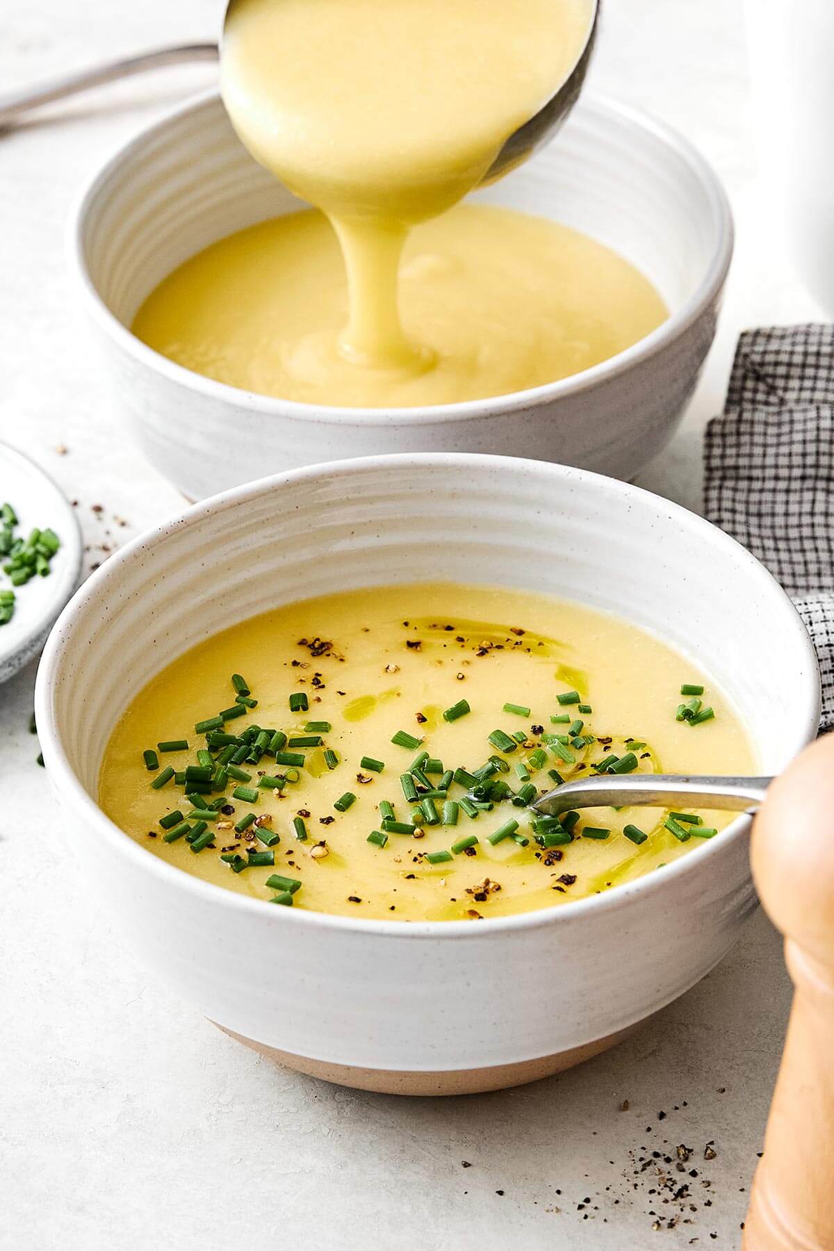 Bowls of potato leek soup.