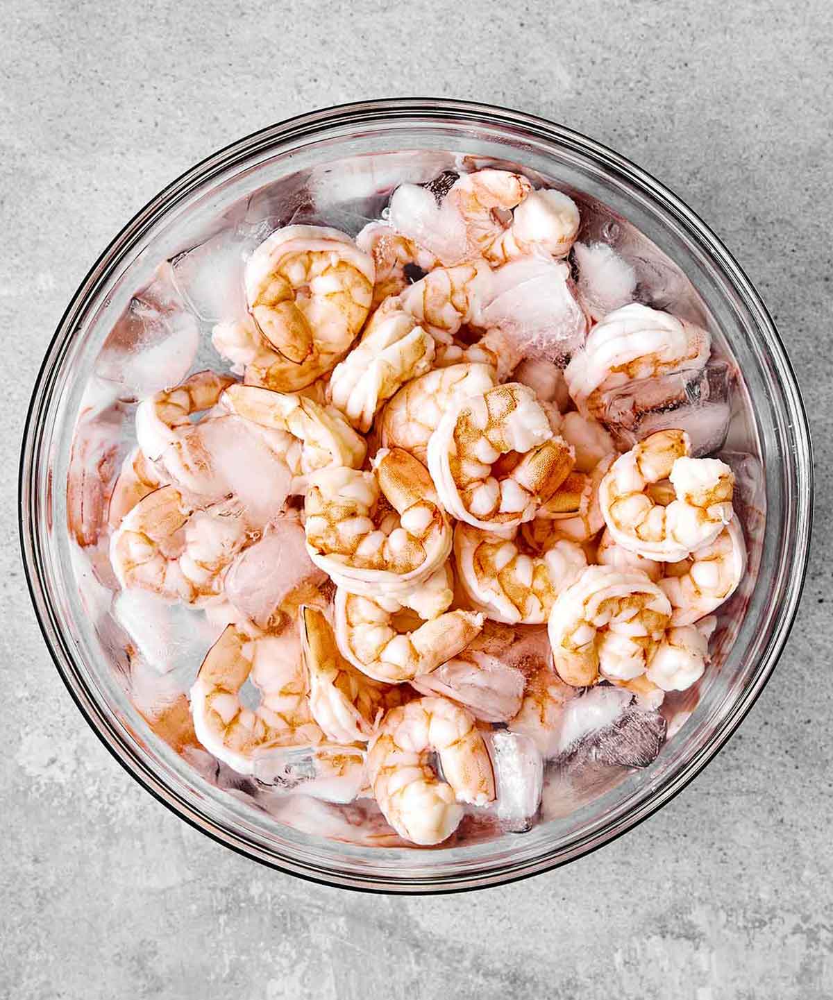 This cold shrimp salad is the ultimate summer salad! Chilled shrimp are tossed with crisp celery and red onion, then coated in a bright, creamy dressing. Chilling shrimp in a bowl of ice and water.
