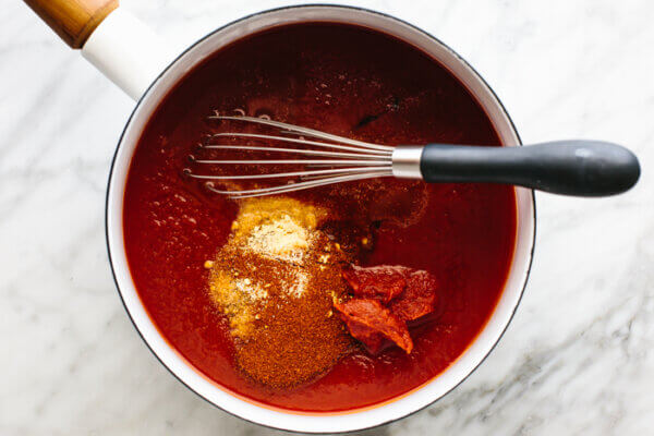 A pot of BBQ sauce ingredients