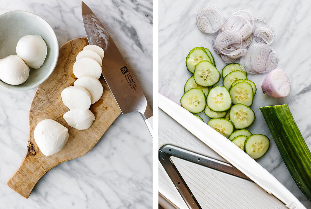 Slicing cucumber, shallot, and mozzarella for a tuna salad