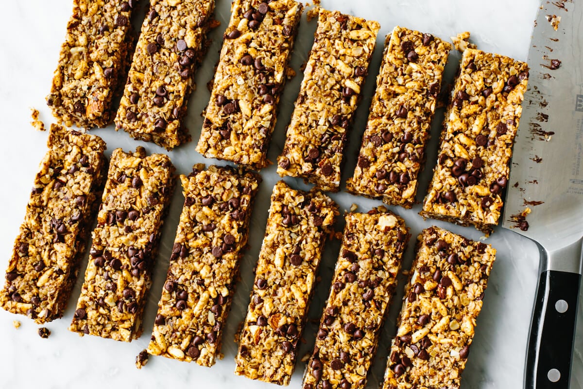 Chocolate chip granola bars on a table