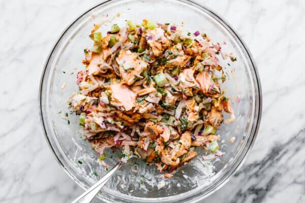 Creamy salmon salad in a bowl